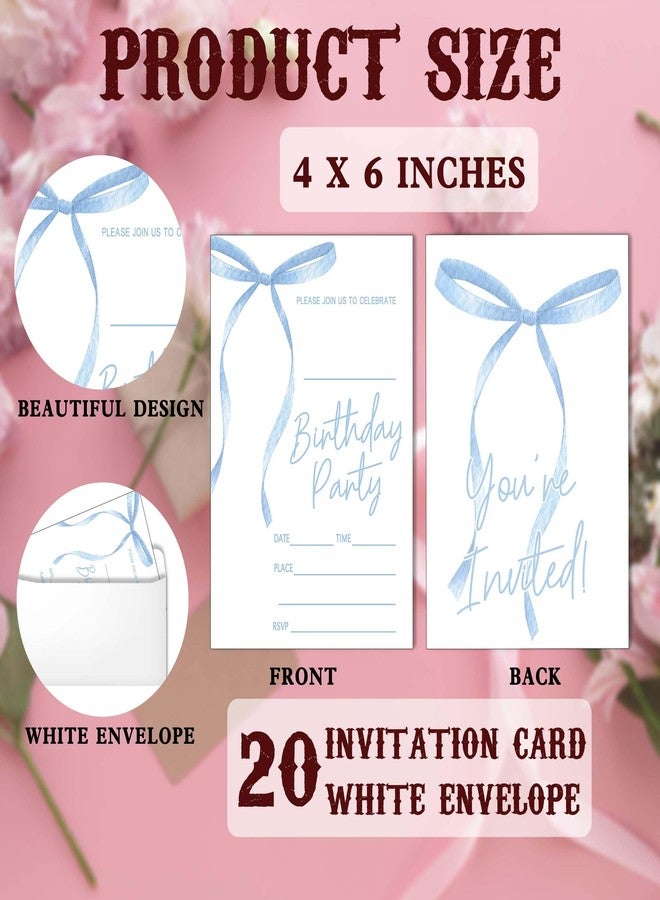SIXEIGHT Blue Bow Birthday Invitations Blue Ribbon Bow Birthday Party Invitations 20 Party Invitations with Envelopes for Girls Boys Birthday Party Favor & Decoration (4"x6")-A07 - Image 2